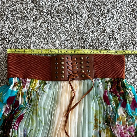 Boho Floral Print Pleated Festival Maxi Skirt Corset Belt Sz L - Picture 5 of 11